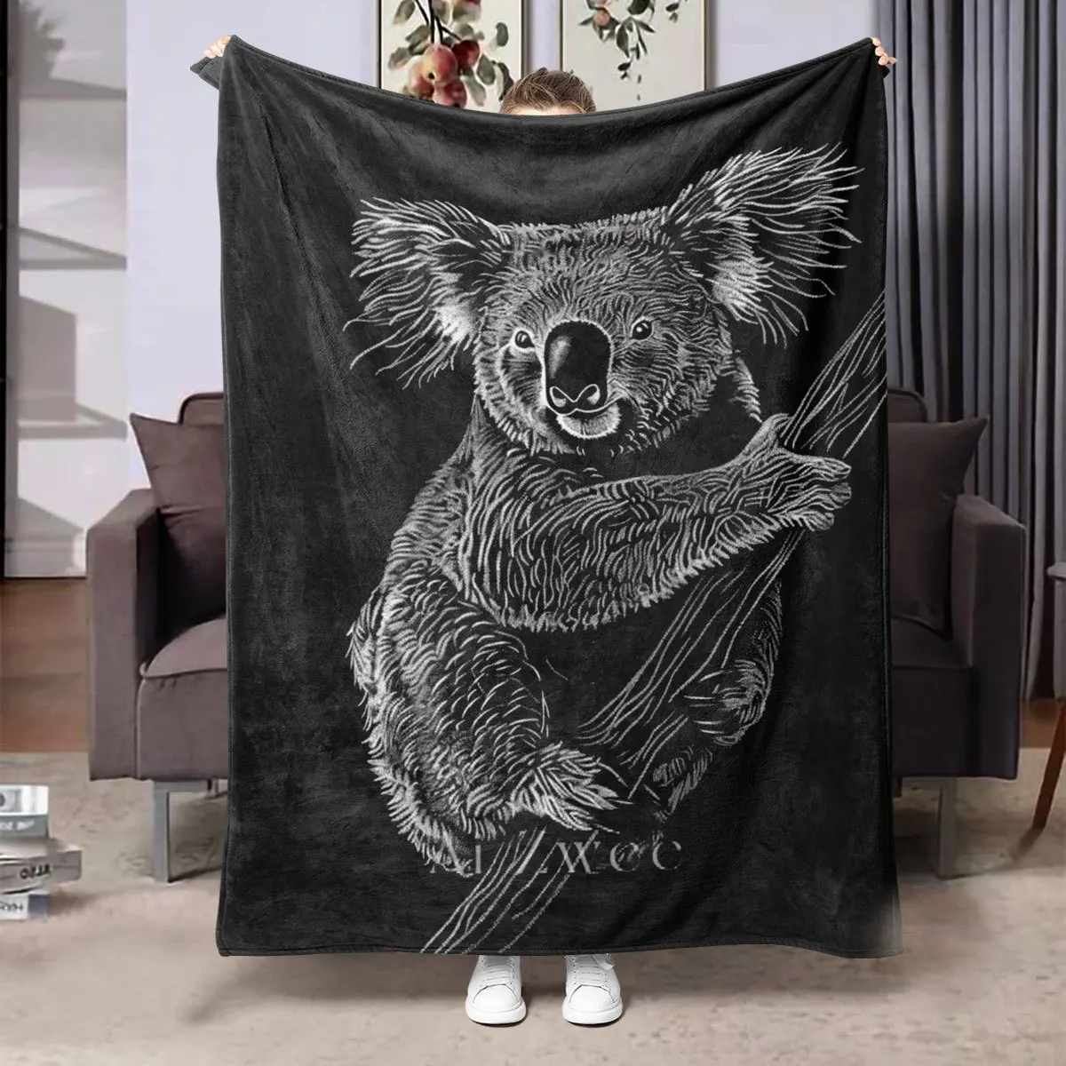 Super Soft Koala Bear Sketch Art Throw Blanket Fleece Throw for Couch Sofa Decor Gift Winter Woodland Cozy Plush