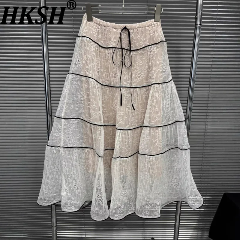 

HKSH 2026 Spring Summer New Women Skirt Sweet Lace Patchwork Color Block Draped A-line Versatile Elegant High-end Skirts HK17637