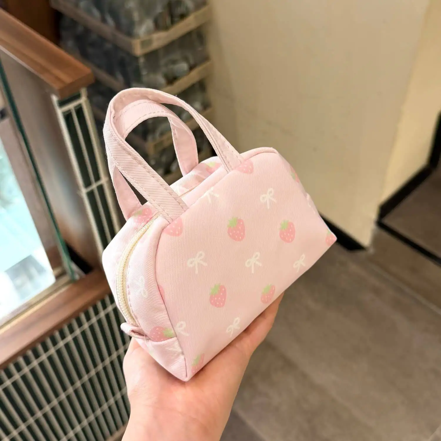 Cute Pink Strawberry Print Handheld Pouch Bag, Mini Portable Canvas Makeup Bag, Small Handbag For Lipstick Coin Daily Storage