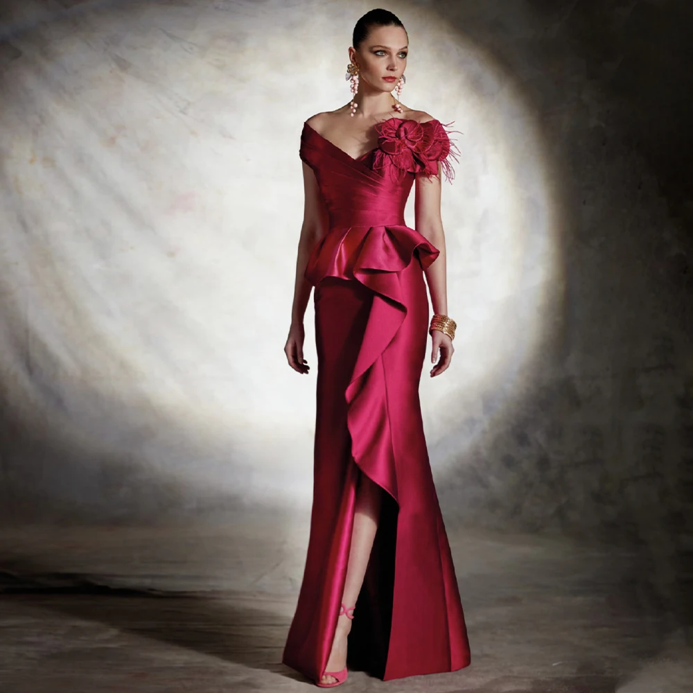 Elegant Evening Dress Burgundy Satin V Neck Off Shoulder Mermaid  Gown for Wedding Feather Ruffle Side Slit Party Dresses