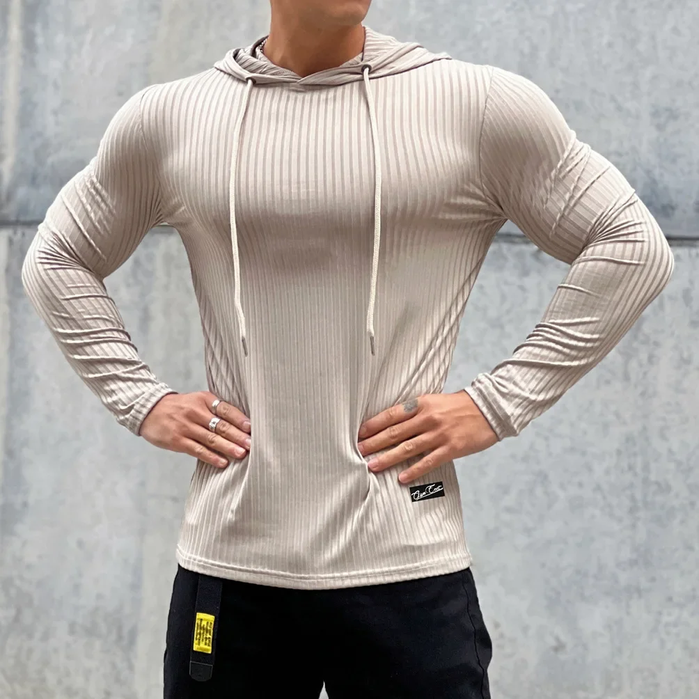 Men Fashion Knitted Pullover Fitness Hoodie Slim Bottom Shirt Running Training Long Sleeve Men Thin Sport Hoodie