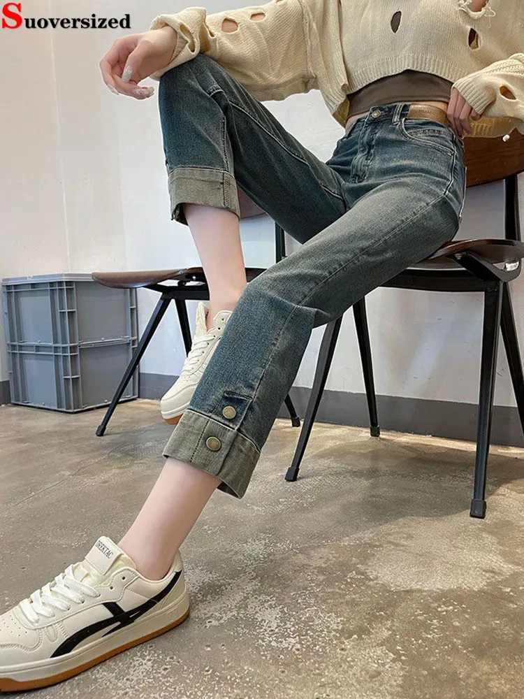 

Woman's High Waisted Ankle-Length Vaqueros Retro Fashion Casual Korean Vintage Denim Pantalonest Streetwear New Slim Jeans