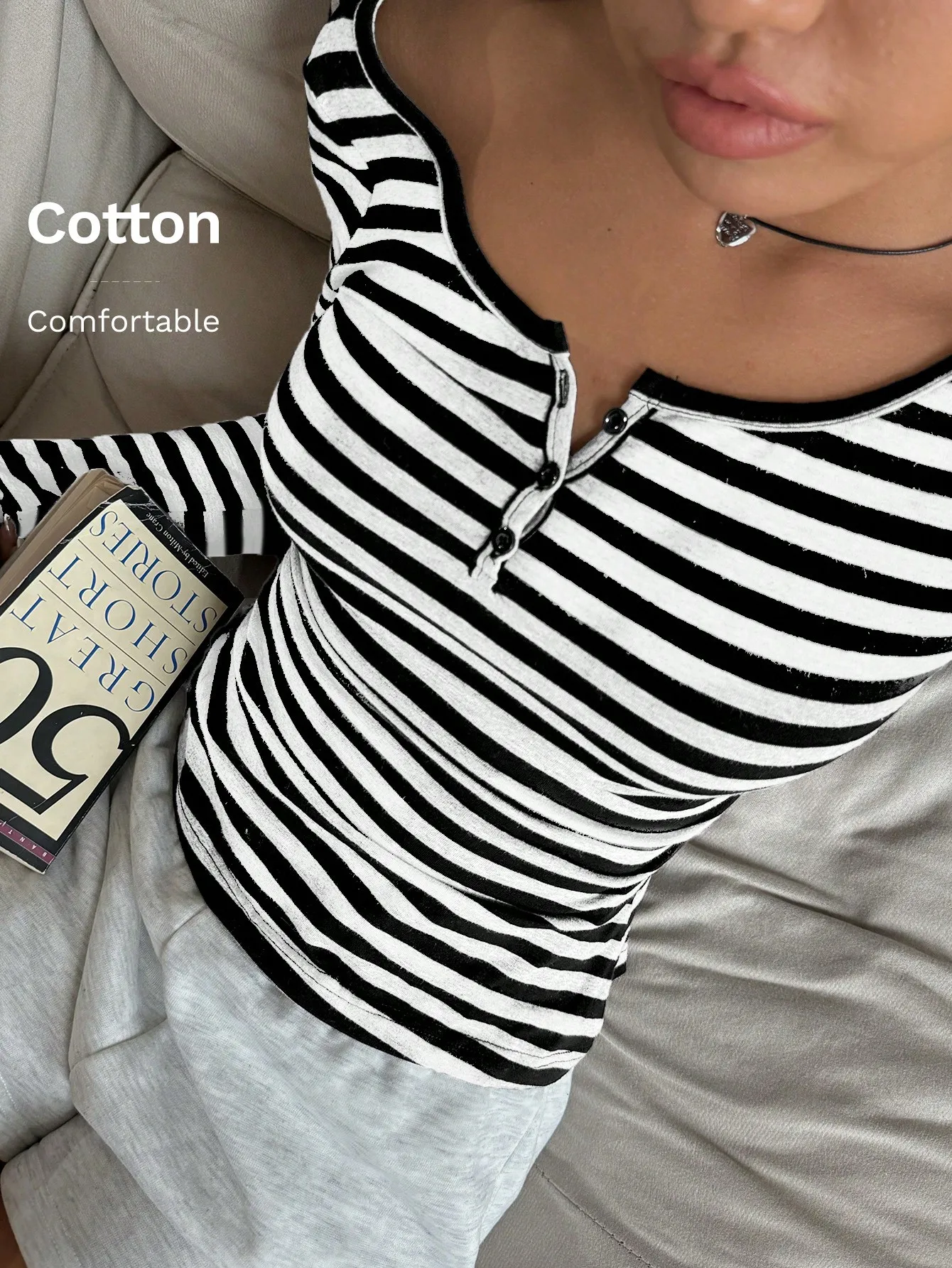 

Женская футболка с полумолнией и пуговицами, имитирующая хлопок, в полоску, удобный повседневный топ