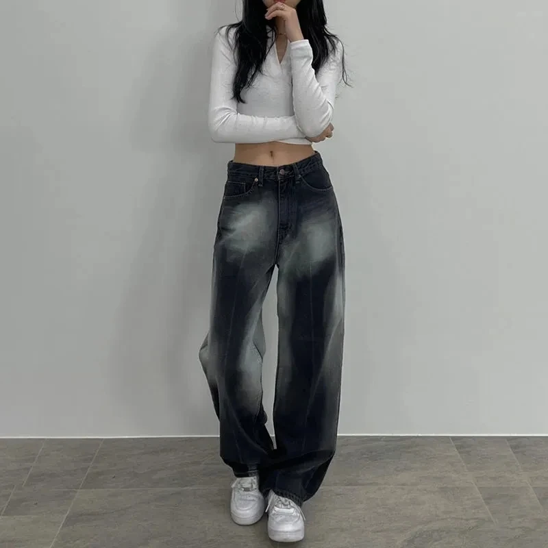 

Spring Jeans Distressed Black Jeans Gradient Panelled Baggy Pants Grunge Boyfriend Cargo Pants Casual Women Sweatpants Street