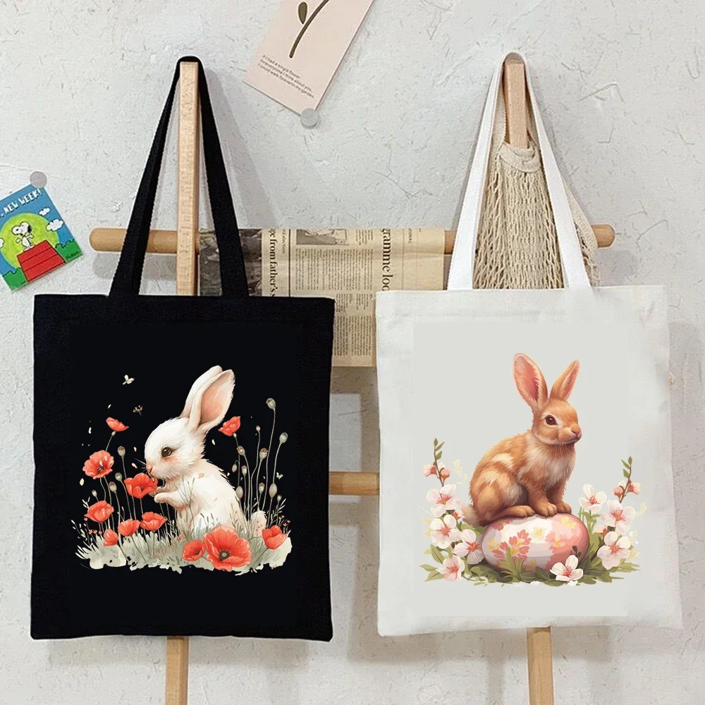 High Capacity Canvas Shoulder Bag Woman Watercolor Art Bunny Shopping Bags Cute Rabbit Cartoon Tote Bag Beach Bag Women Handbags