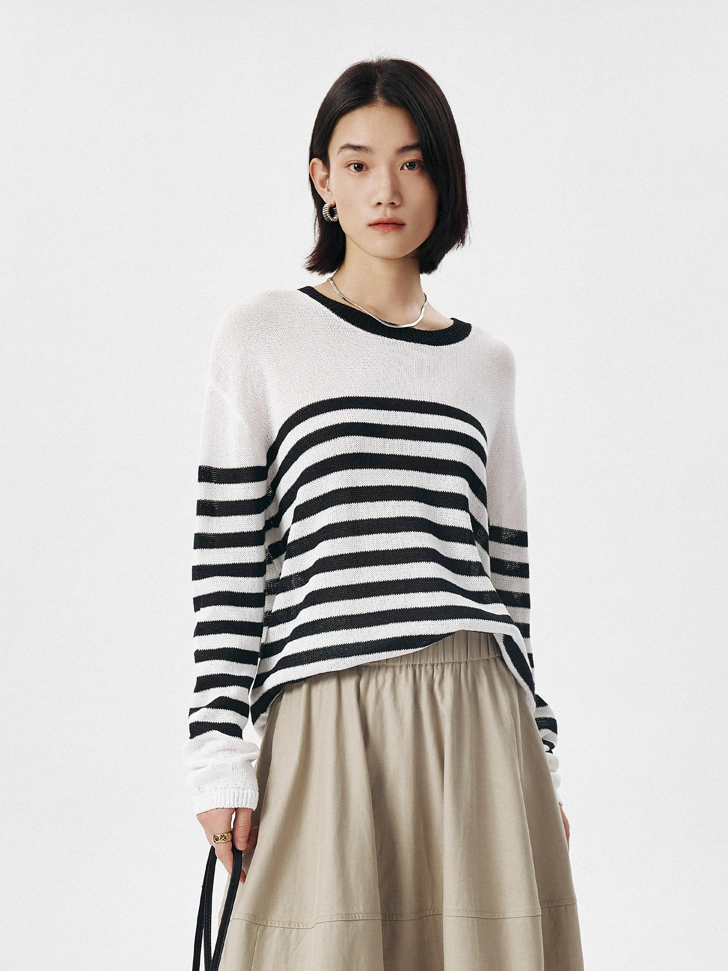 

CLMX l Feeling Lyocell Cotton Knitted Sweater round Ne Long Sve Vintage Commute Stripe Pattern Women's Faion