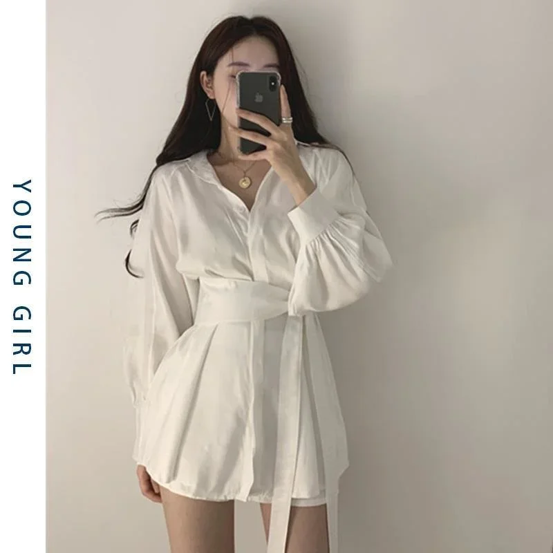 Sleeve Shirt Shorts Two-piece Women Long Waist Shirt Women's Design of Vintage Clothes for Women Tops Shirts Blouses