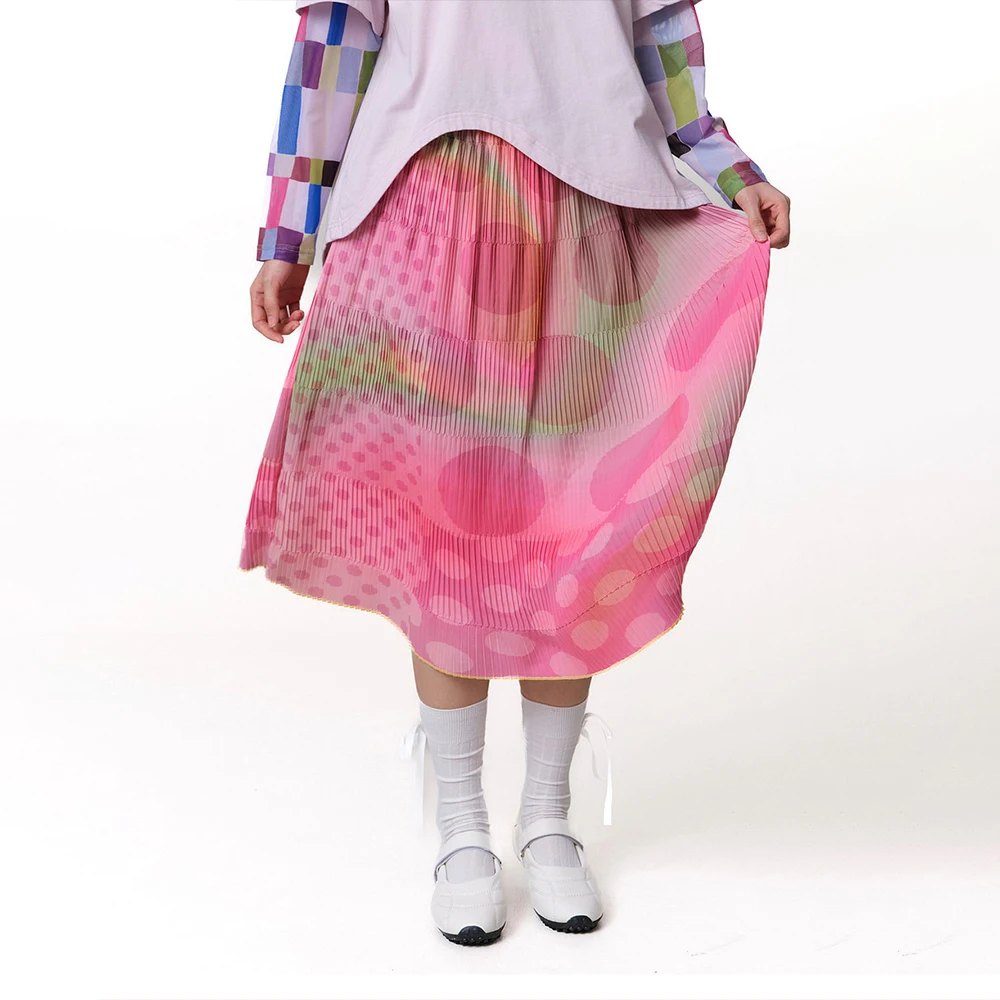 MOVEUP A-line Skirt 2026 Spring New Elastic Waist Colorful Polka Dot Print Striped Pleated Commuter Casual Skirt Women 3ELC20604