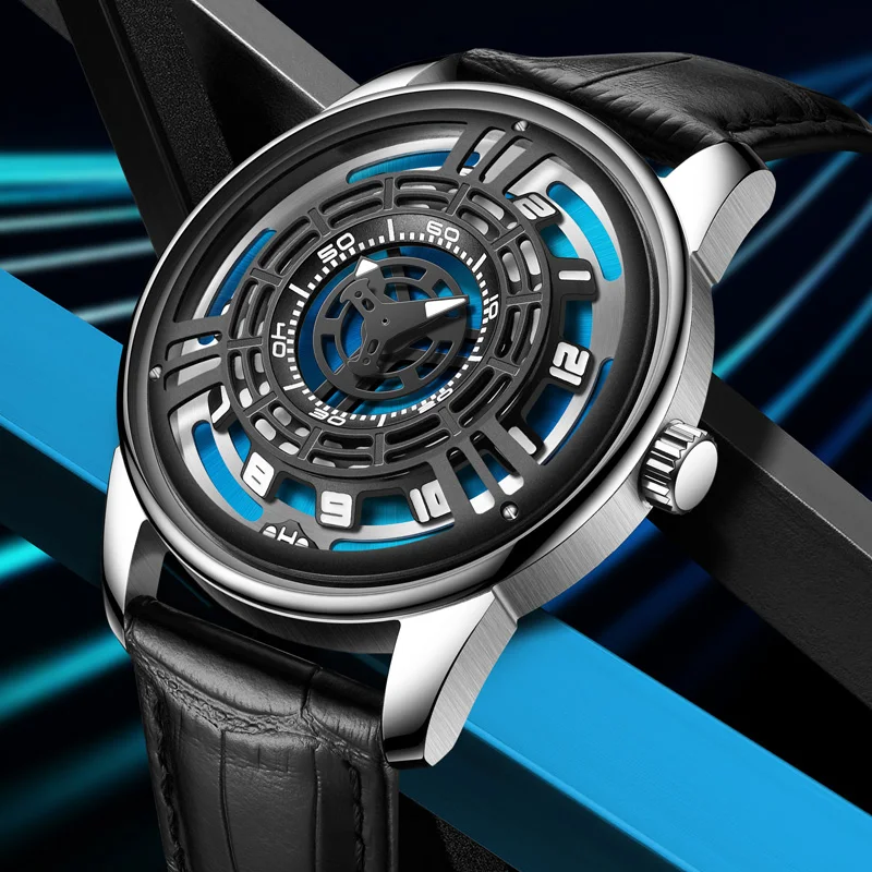 PINDU Mechanical Wristwatches Blue Hollow Dial Warp Engine Concept Leather Watch Rotating Arabic Numerals Luminous Reloj Hombre