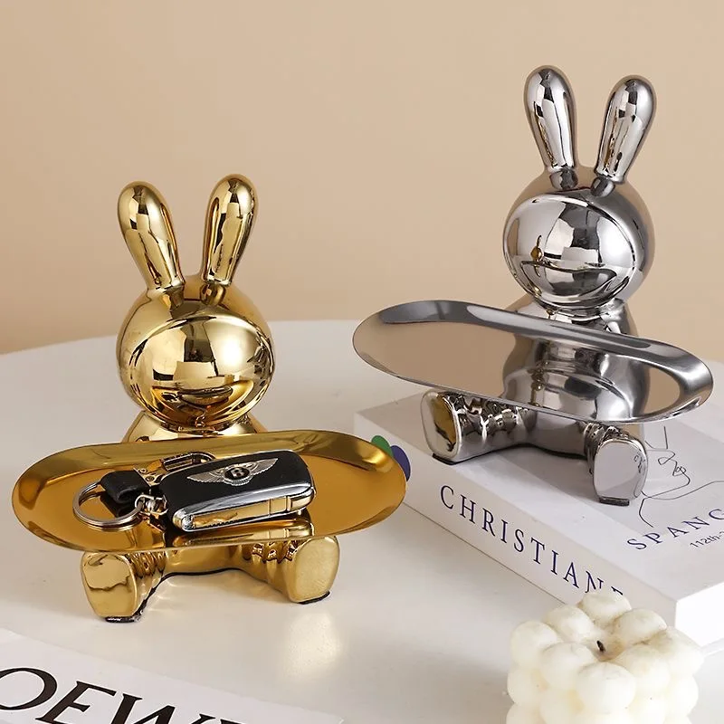 

Creative Lucky Rabbit Key Storage Tray Ornament Space Rabbit Tray Living Room Entrance Home Decoration Housewarming Gift