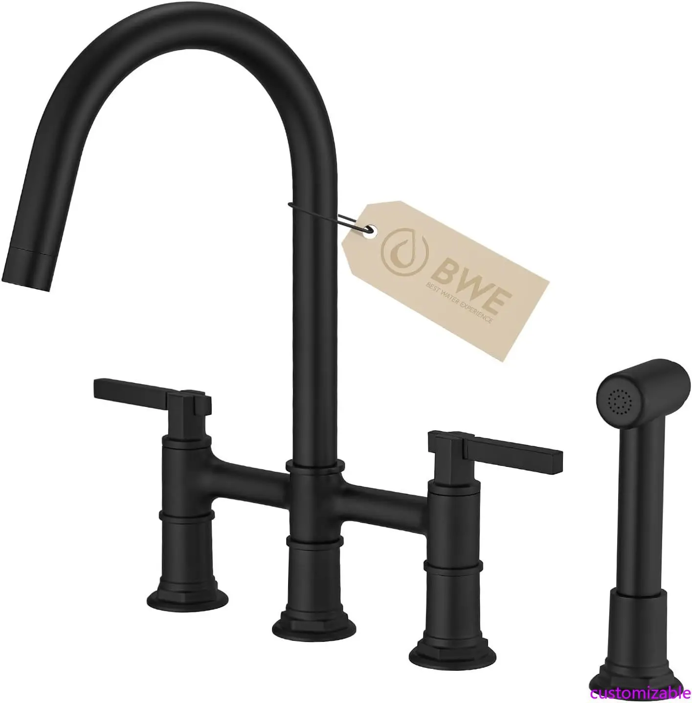 

Матовый черный кухонный смеситель с 2 ручками в стиле моста, монтируемый на палубе, с боковым распылением для раковин в фермерском доме