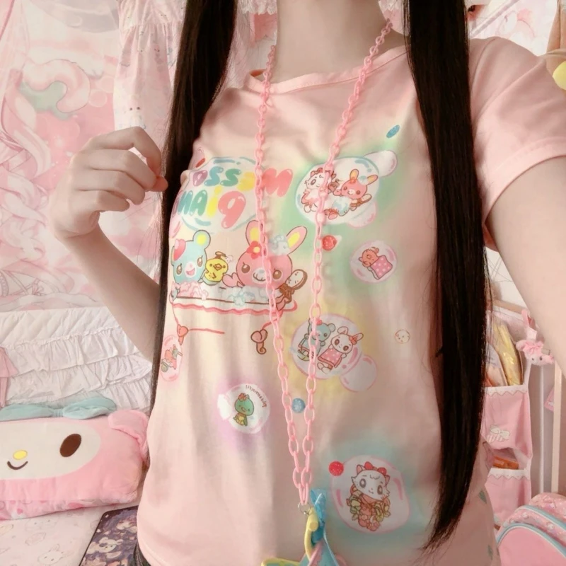 

2025 Ropa Mujer Woman Tshirts Kawaii Bunnt Print Pink Lolita Crop Top Sweet Short Sleeve O-neck Tees Japanese Casual Y2k T-shirt