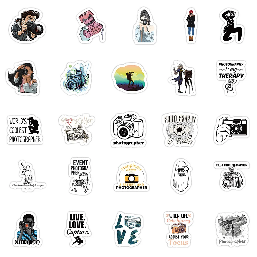 54 pezzi interessanti adesivi per cartoni animati per fotografo, gadget per fotocamera, decalcomanie, bagagli, skateboard, tazza, telefono, adesivi impermeabili