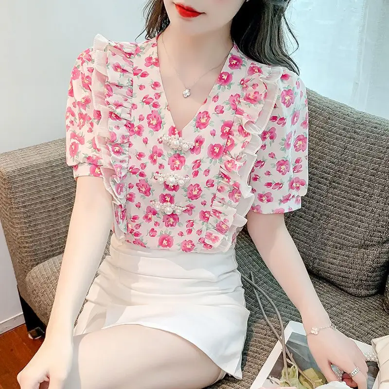 2023 New Summer Temperament Ruffles V-neck Puff Sleeve Blouse Femme Korean Printing Shirts Women Clothes Sweet Pullover Top Tee