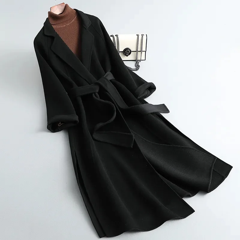 Cappotto di lana double face per donna Slim per l'autunno inverno Nuovo inverno Temperamento di fascia alta Cappotti di lana spessi con cintura