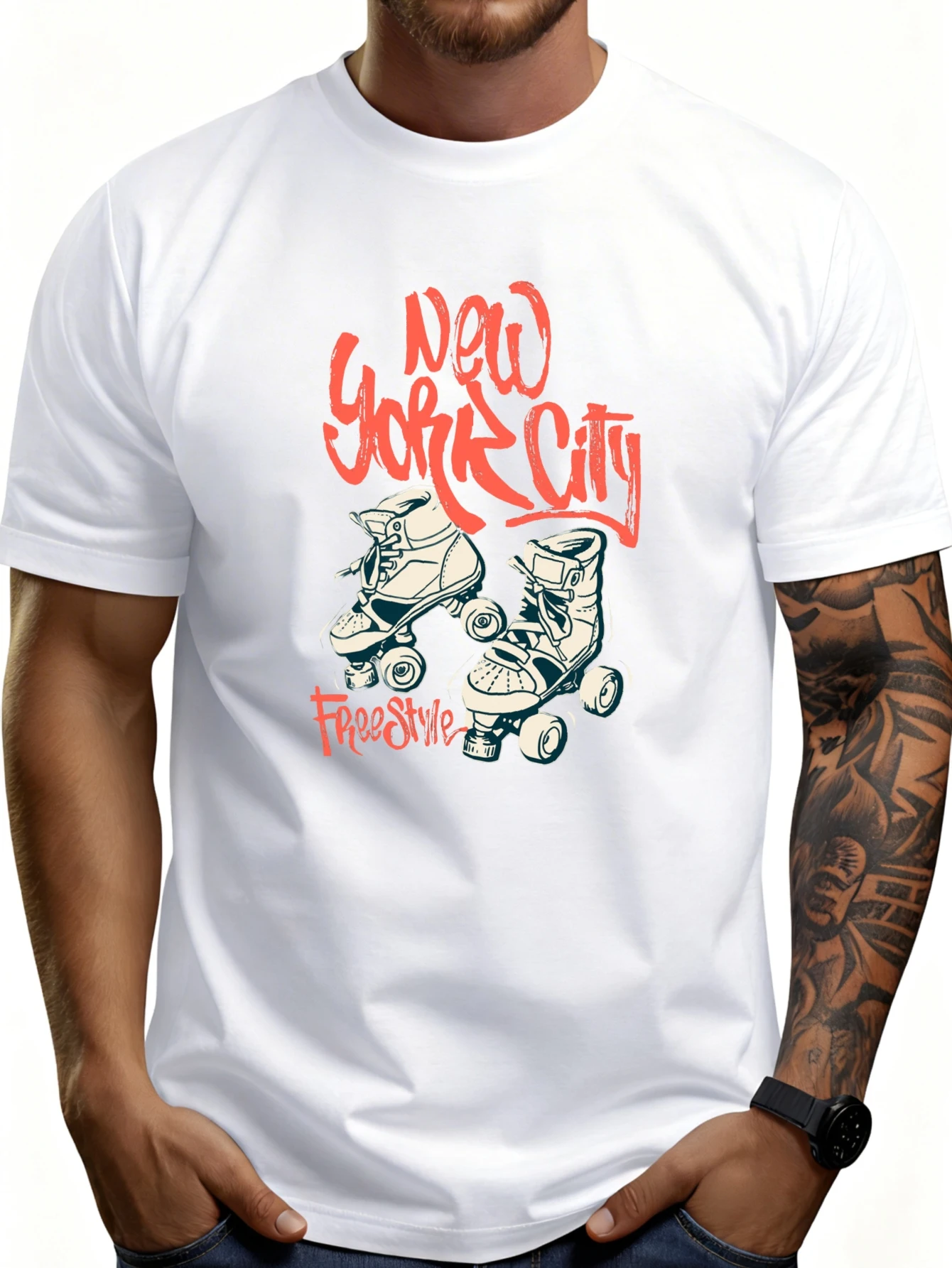Casual Street Style Men's T-Shirt with New York City Roller Skating Freestyle Graphic, Summer Wear, Gift for Skateboarding Enthusiasts and Urban Fashion Lovers