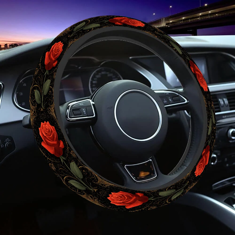 1pc 15-Inch Steering Wheel Cover - Red Rose & Black Marble Pattern With Golden Leaf Wreath, Non-Slip Grip, Elastic Wheel Protect