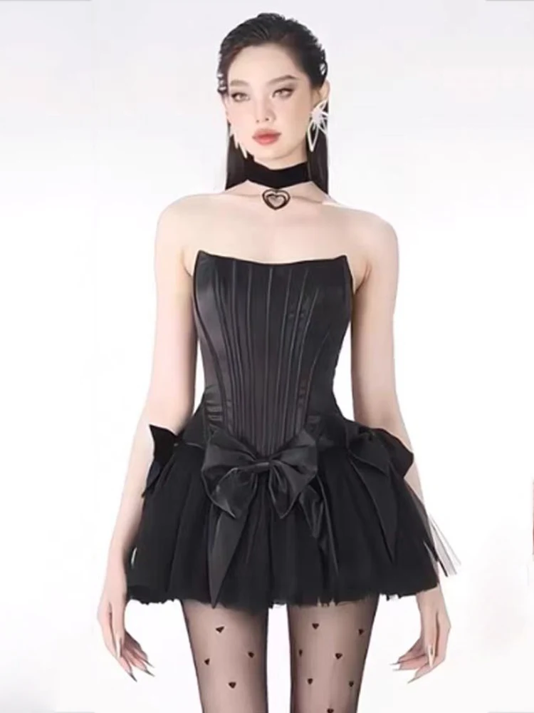 

Designer's sexy off-the-shoulder fishbone strapless dress 2024 summer women's new fashion bow high-waisted gauze Shampan dress