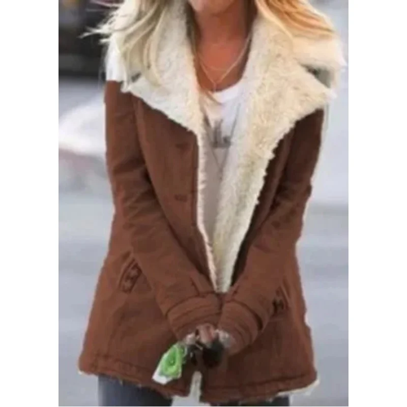 2022 autumn winter women warm faux fur fleece coat jacket lamb wool thickened locomotive lapel female chic outwear top clothing