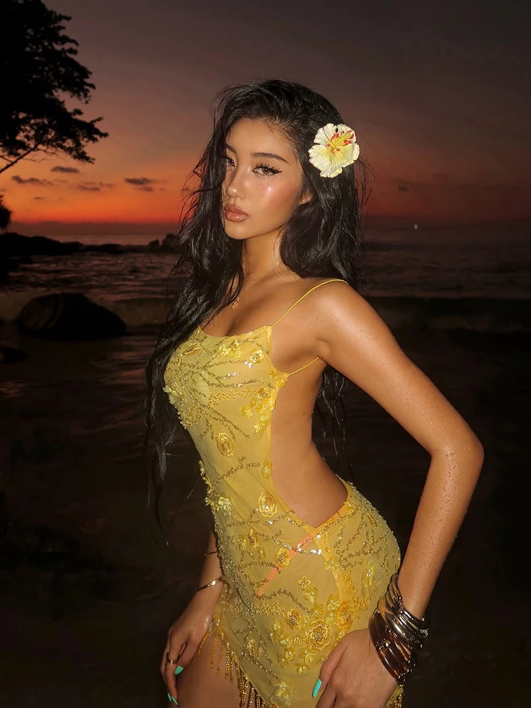 Sexy Beach Tassels Mini Dress Women Backless Sleeveless Sequin Shiny Fitted Ves… - Image 2