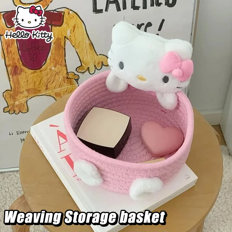 Cesta de almacenamiento de tejido Kawaii Hello Kitty Kuromi Cinnamoroll, cestas de almacenamiento de artículos diversos para niñas, adornos, horquilla, juguete, almacenamiento de cosméticos