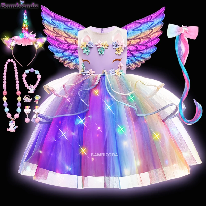 2023 Girls Shiny Unicorn Tutu Dress Glowing Kids LED Light up Dresses For Girls Halloween Princess Dress Children Clothing