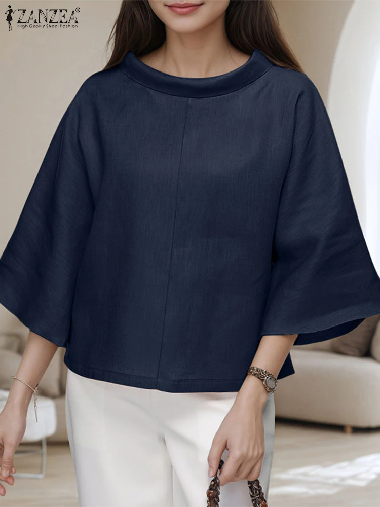 ZANZEA สตรีแฟชั่นเสื้อหลวม 2025 ฤดูร้อนคอ 3/4 แขน Blusas Mujer วันสวมใส่สบายๆเสื้อสีทึบ Streetwear