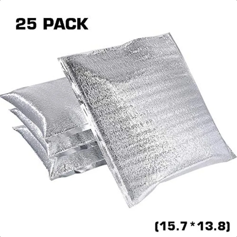 ถุงเก็บความร้อนแบบใช้ซ้ำได้ 25 ชิ้น ขนาด 15 x 13 นิ้ว ถุงกันความร้อนแบบมีฟองอากาศขนาดใหญ่ แผ่นรองกล่องเก็บความร้อนแบบเมทัลไลซ์
