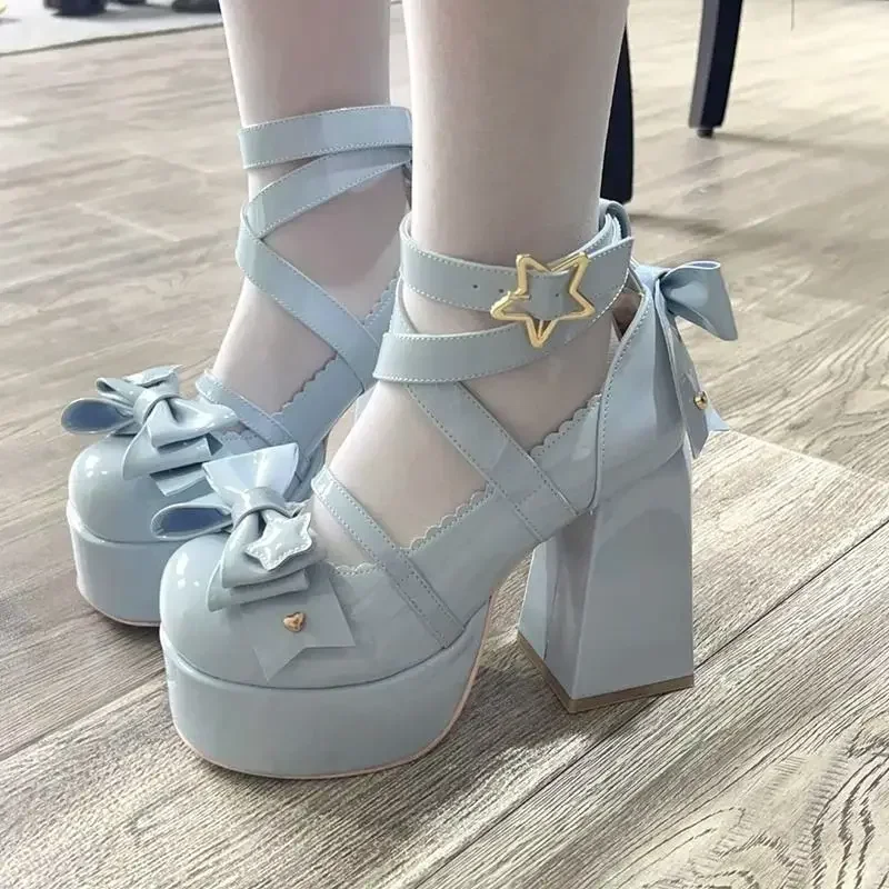 Lolita Shoes Women High Heels Shoes Woman Chunky Sandals Summer Mary Janes PU Leather Shoes Retro Bow Party Platform Pumps