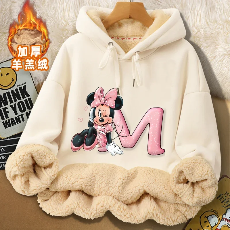 

Disney Minnie Mouse Adult Pullover Hoodies Girl Anime Figures Print Lamb Fleece Sweatshirt Woman Winter Thick Clothing Top Gift