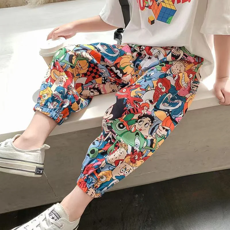 Summer New Boys Casual Pants Graffiti Designer Print Sweatpants Thin Long Loose Harem Trousers Teenage Kids Boys Clothes