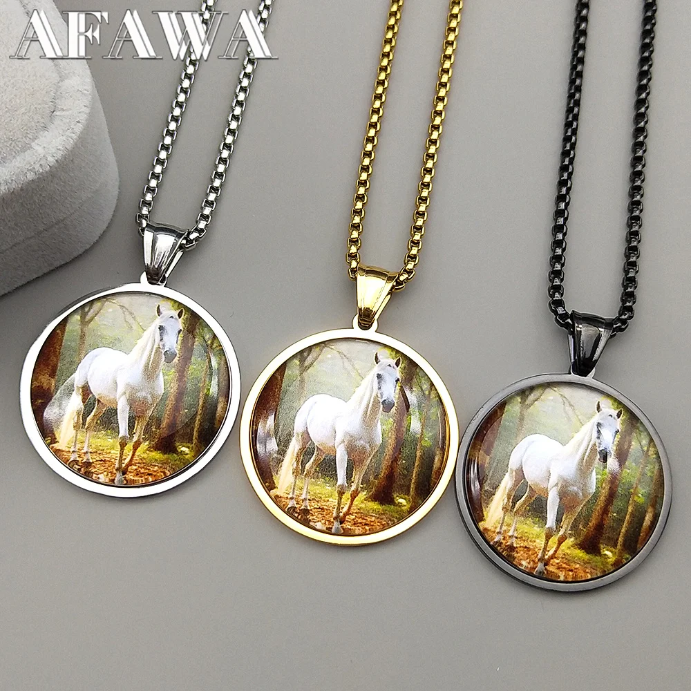 

Fashion White Horse Pendant Necklace for Women Men Vintage Animal Gold Color Horse Photo Glass Medal Necklace Jewelry Gift