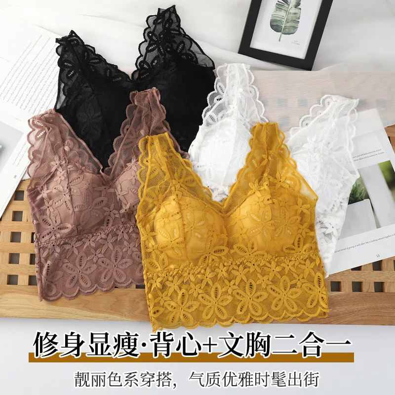 

Women's Lace Camisole Anti-Exposure Sports Underwear Base with Chest Pad Sexy Beauty Back Bra