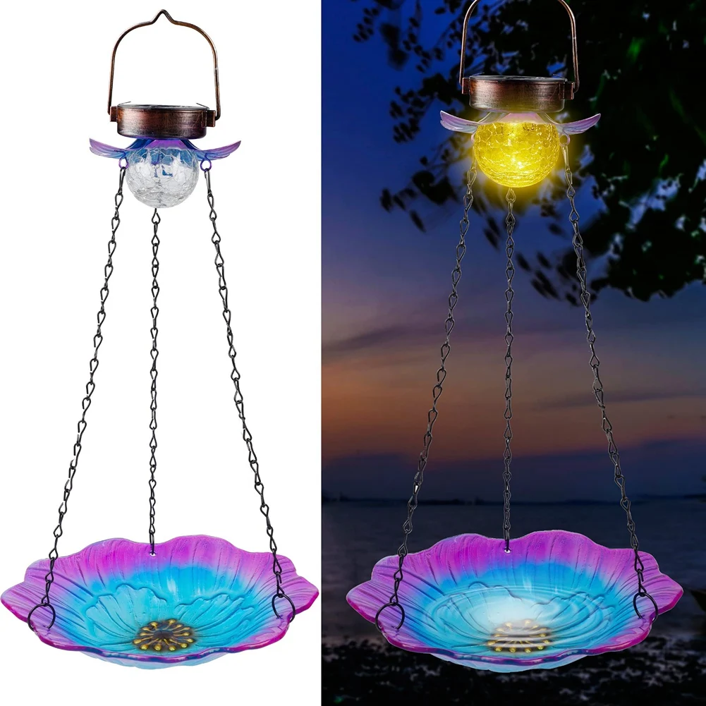 Solar Powered Bird Bath for Outdoor Hanging, Wild Bird Feeder Glass Flower Seed Tray Outside, Waterproof Birdfeeders