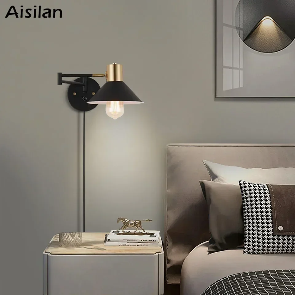 Aisilan Replaceable Bulb Wall Lamp Dimmable Plug-in Metal Adjustable Angle Wall Sconce With Switch for Bedside Hotel Study