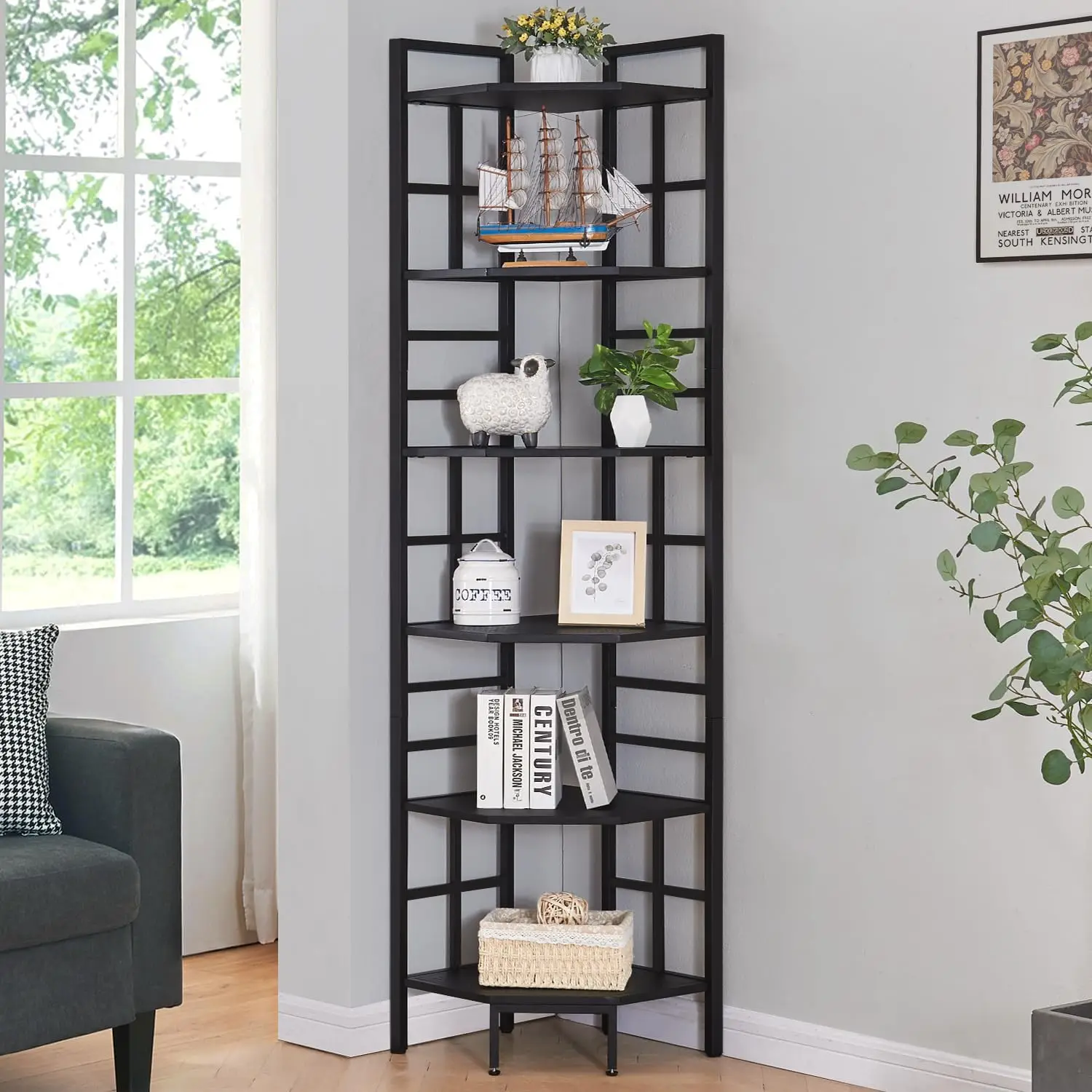 

Corner Shelf, 6 Tier Tall Narrow Bookshelf 76.9",Industrial Corner Bookcase with Storage for Home Office Living Room and Bedroom
