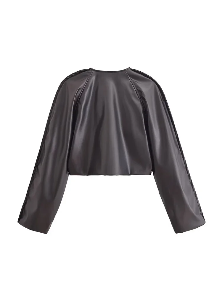 Giacca in pelle PU nera pop Giacca casual monopetto in pelle con spallina temperamento manica lunga raglan allentata
