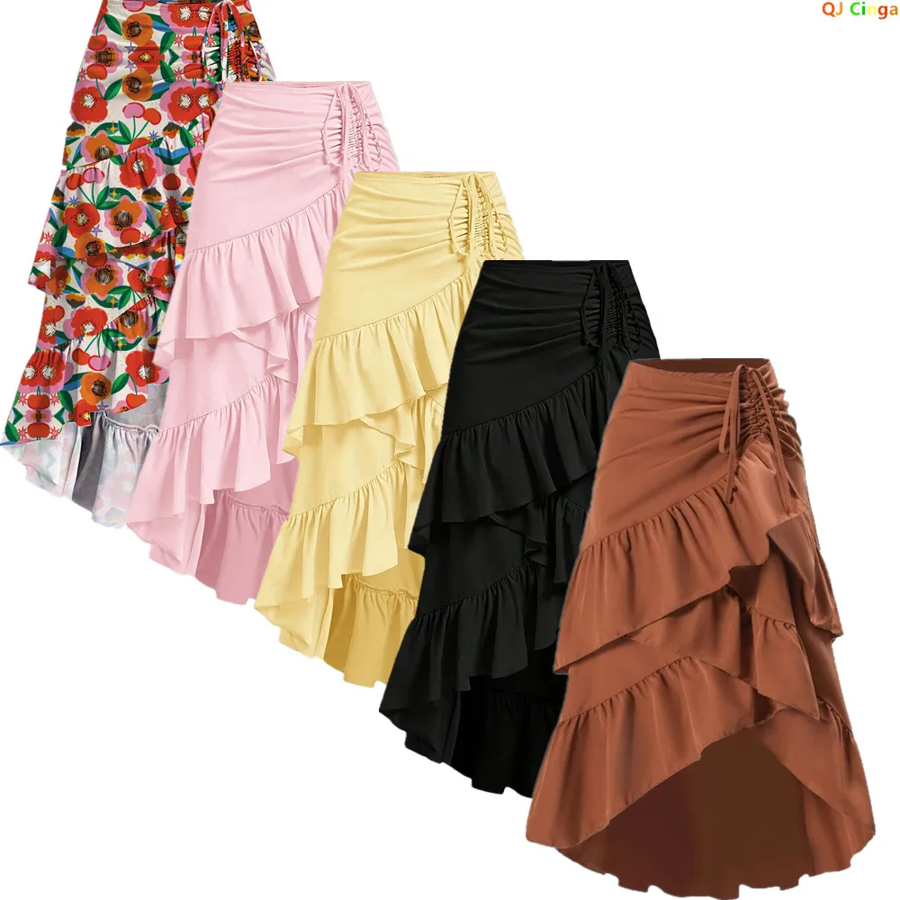 2026 Summer Women's High-Waisted Skirt, Fashion Print Skirts, Available in Black, Pink, Yellow, and Brown.