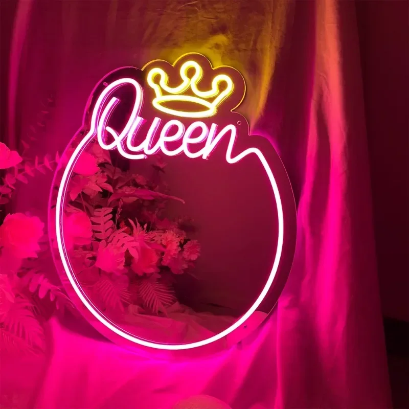 Mirror Neon Light Queen Neon Sign Girls Room Wall for Bathroom Home Decor Lamp Bedroom Decor Neon Mirror Party Decoration LED