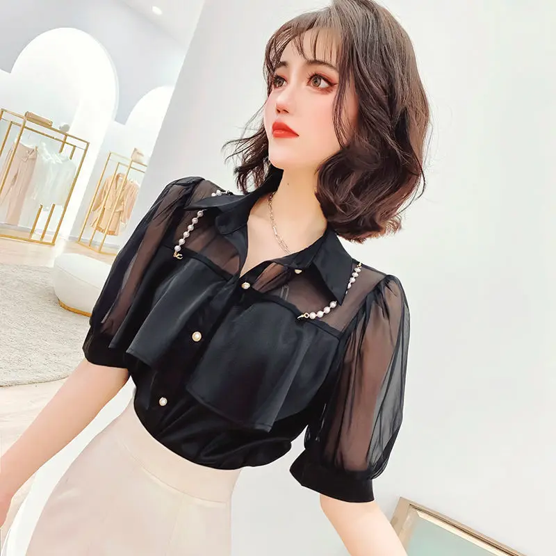 Summer Women\'s Shirts 2024 Top Purple Puffy Sleeves Vintage Chiffon Pink Woman Blouses With High Quality Ruffle Formal Casual