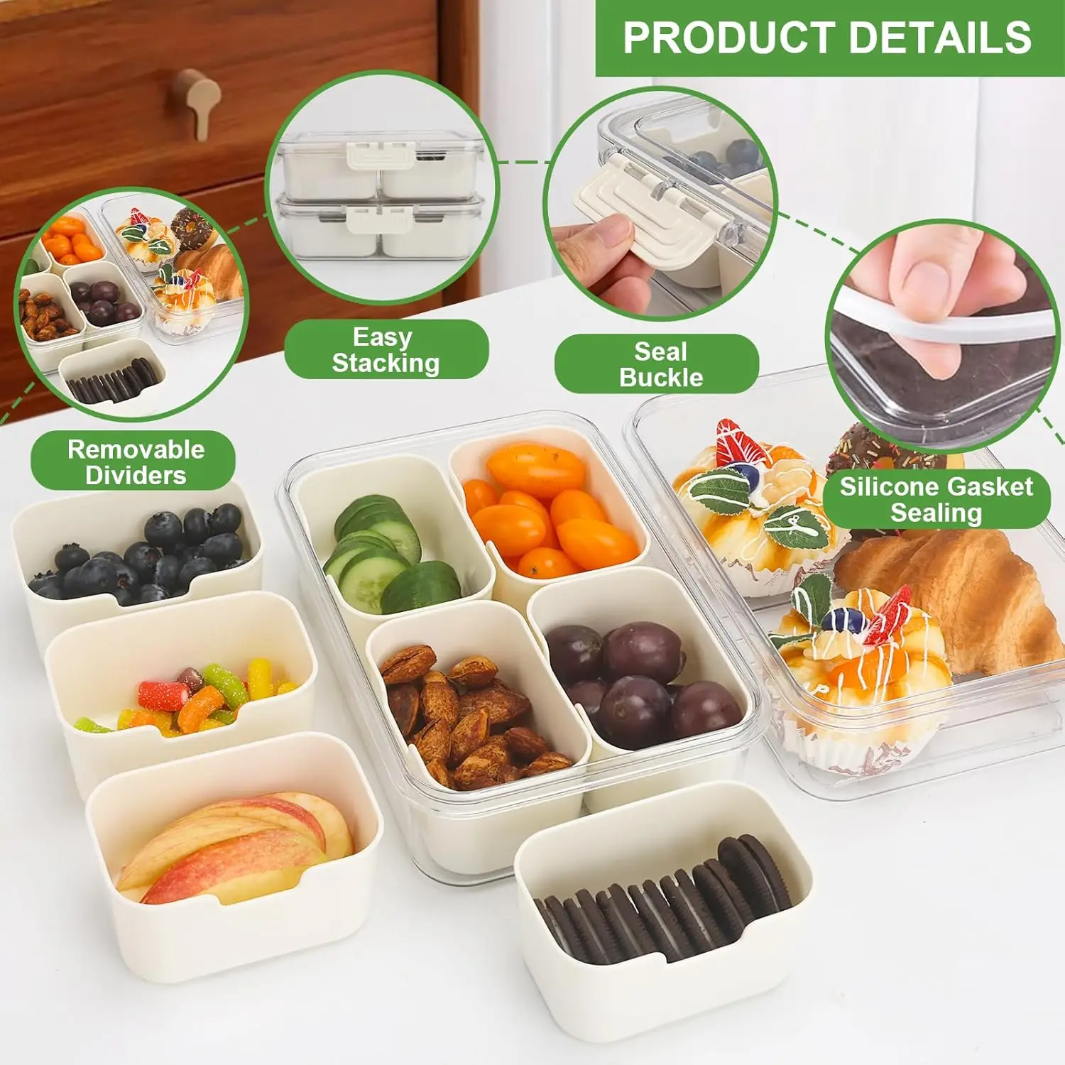 Portable food storage box, snack storage box, 4 compartments with lids, separate serving tray, kitchen snack box, fruit food con - view 5