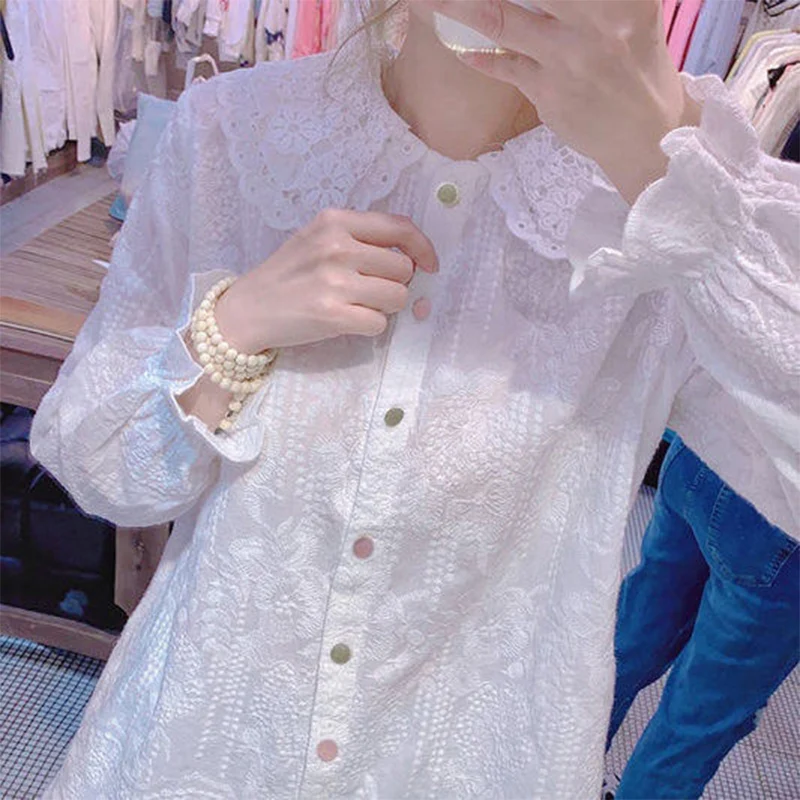 Spring Autumn Doll Collar White Embroidery Buttons Shirt Women Elegant Fashion Long Sleeve Sweet Blouse All-match Casual Blusa