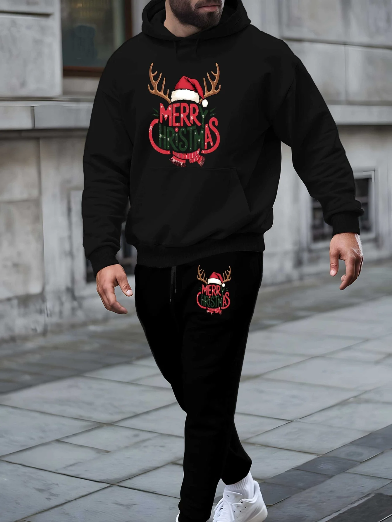 Conjunto de Sudadera con Capucha y Pantalones para Hombre, Estampado de Reno y Santa Claus, Regalo de Navidad, Ropa Deportiva Casual de Otoño Invierno, Nuevo Conjunto de Moda