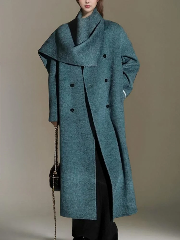 

Large Scarf Lady Woolen Vicugna Jackets 2024 Autumn And Winter Double Breasted Loose Lace Up Long Women's Wool Coats Outerwear