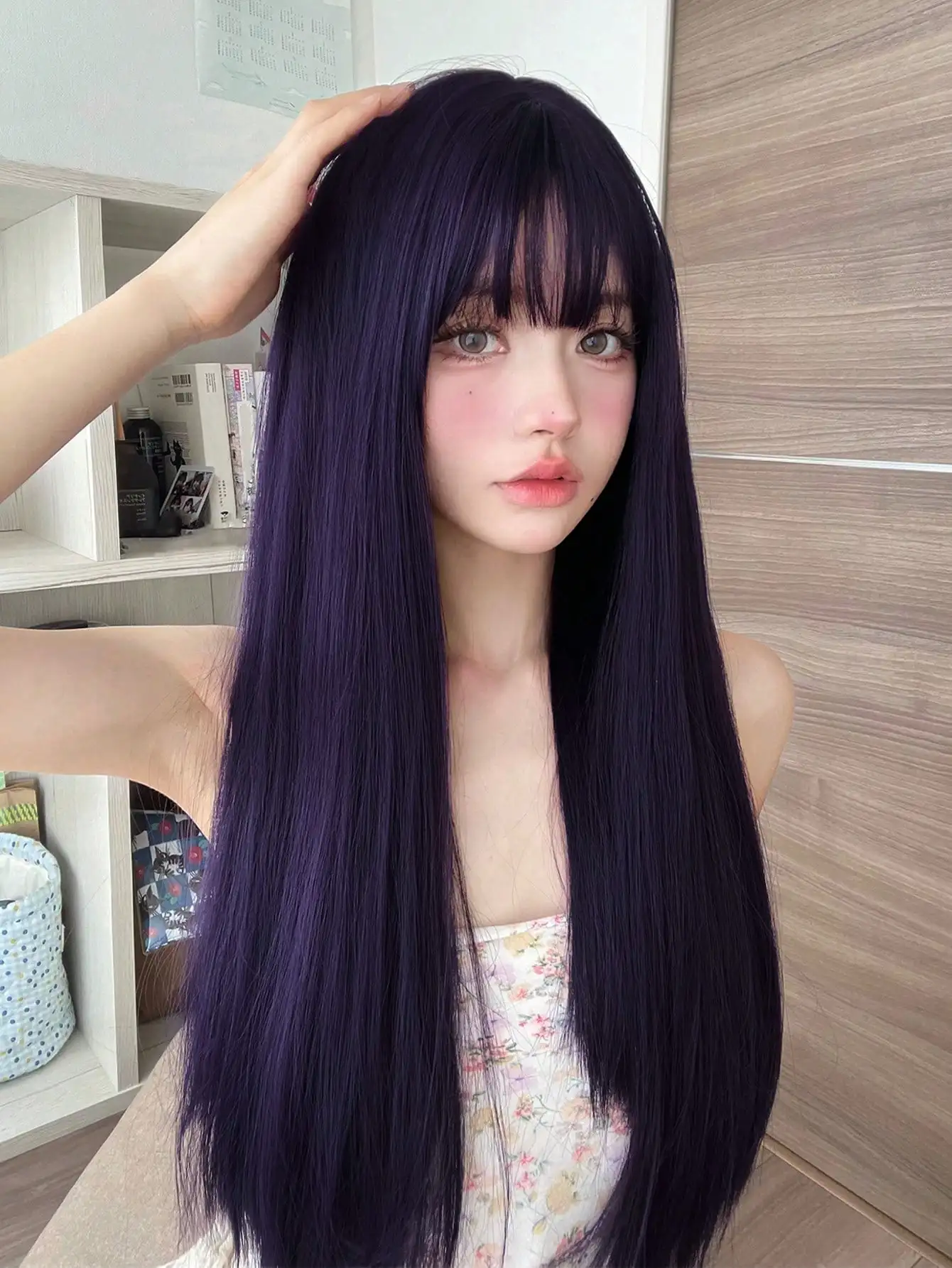 

alicegarden 1 Piece Synthetic Heat-Resistant ,Long Straight Hair Wig In Natural Purple Wigs, With Bangs, 24 Inches Long, Made Fr