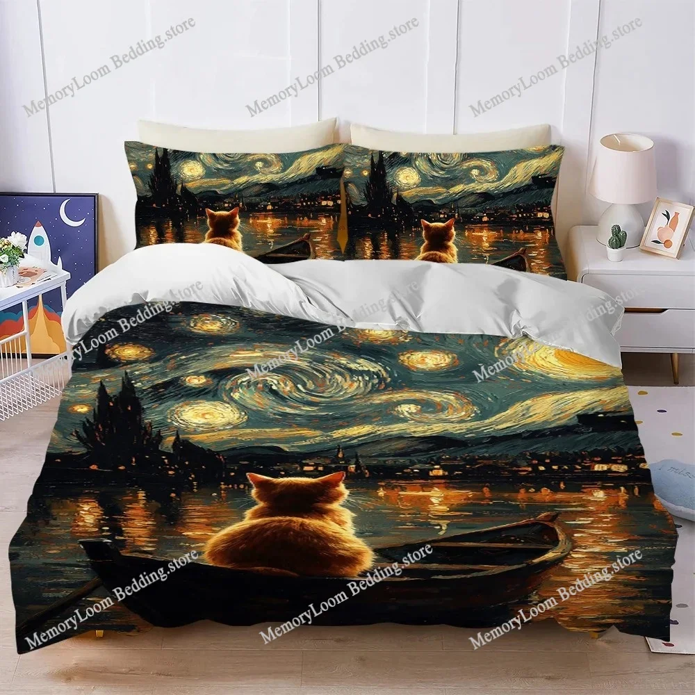 

Starry Night And The Cat Duvet Cover Set Home Style Bedding Soft Laundry Cotton Bed Student Dormitory Gift Home Textileextile
