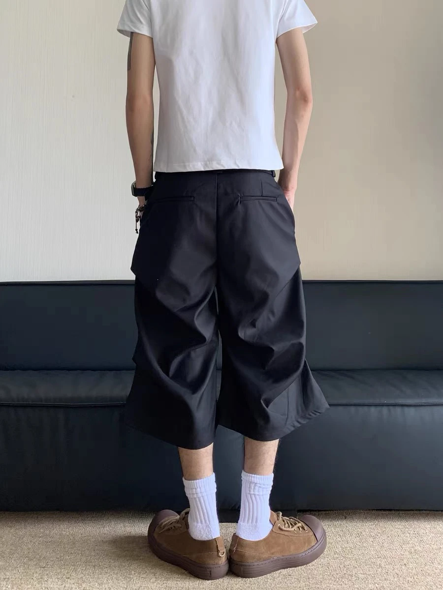 아메리칸 레트로 플리츠 워크웨어 반바지 남성 루즈핏 와이드 레그 로거 7부 여름 신상 캐주얼 팬츠 스트레이트 밑단