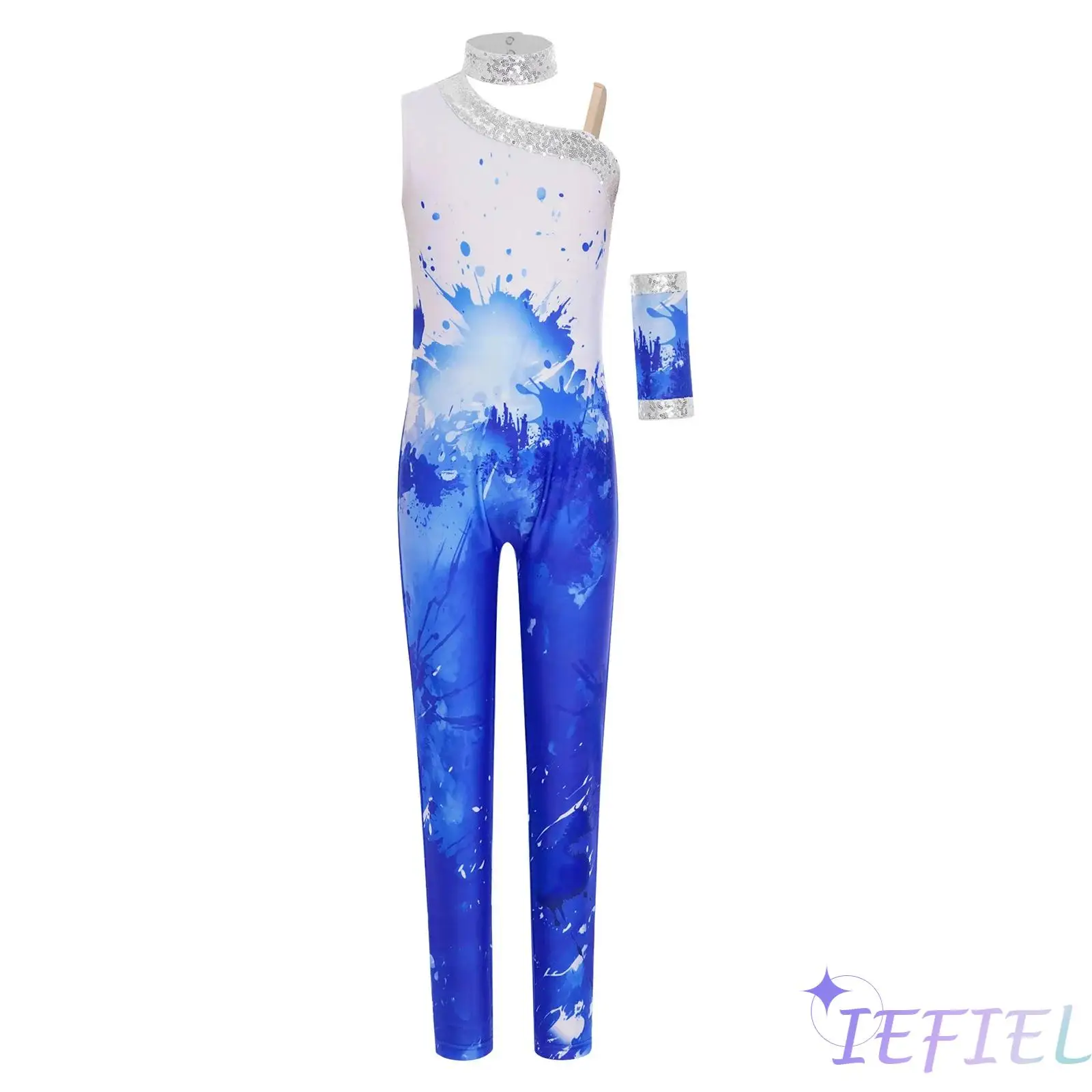 

Kids Girl Shiny Sequins Gymnastics Jumpsuit Sleeveless Bodysuit Full Length Leotard with 1Pc Glove for Figure Skating Dance Show