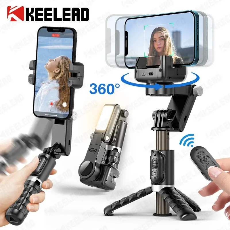 KEELEAD 360 Rotation Gimbal,Selfie Stick Tripod with Remote Fill Light Following Shooting,Stabilizer for Smartphone Live/Vlog