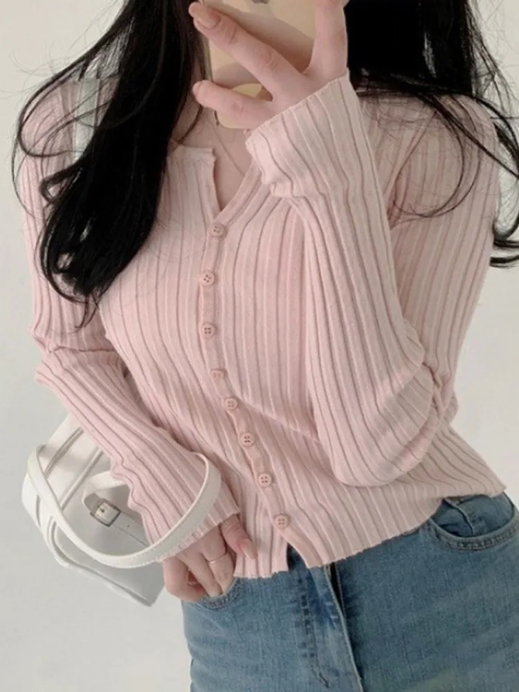 2023 Autumn Y2k Women Clothing Cropped Cardigan Jackets Vintage Pink Sueter Mujer Fashion Tunic Knitting Sweater Tops Pull Femme